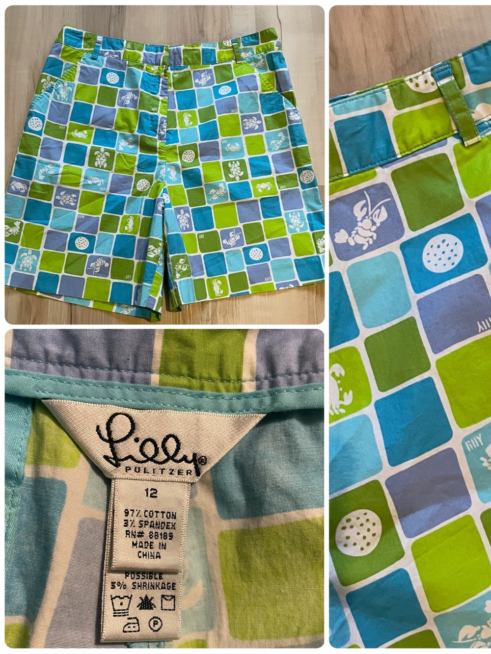 Vintage Lilly Pulitzer Shorts Size 12 Sea Creature Print Blue Green Coastal 90s